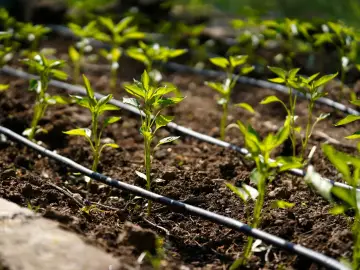Jóvenes plantas de pimiento en un huerto con un esquema de riego por goteo.