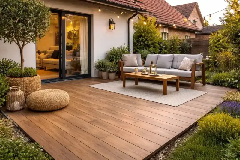 Modern terraza con sofás y mesa de centro sobre suelos para jardín sin obra. Ambiente acogedor con luces y vegetación.