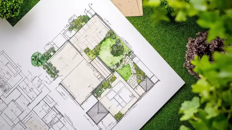 Plano detallado de paisajistas de jardines, con áreas verdes, caminos y estructuras, sobre césped artificial.