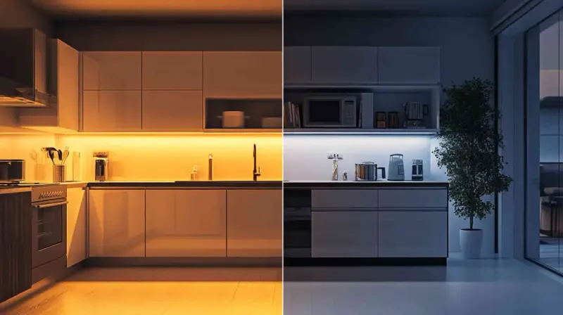 Cocina dividida: izquierda con luz cálida (2700 kelvin), derecha con luz fría (6500 kelvin).
