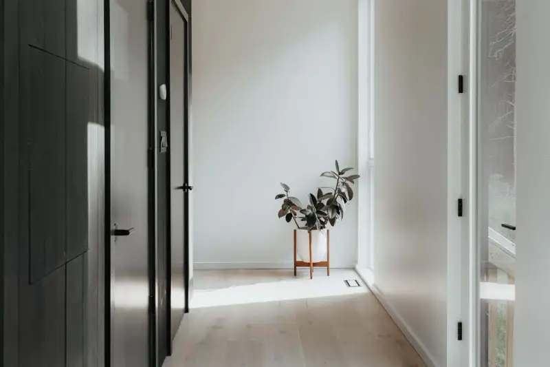 Ideas para como decorar un recibidor pequeño: una planta en maceta blanca sobre un soporte de madera ilumina el pasillo.